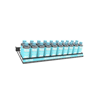 A black display rack holds multiple light blue bottles of Real Colors High Compatibility Thinner, 200 ML
