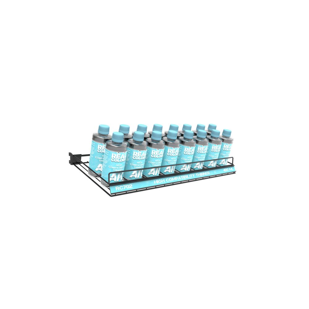 A dozen light blue bottles of 'High Compatibility Thinner' are displayed on a black wire rack