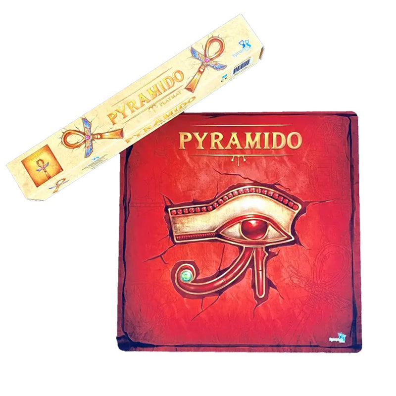 Pyramido board game box, red with Eye of Horus, and beige playmat tube with Ankh symbol