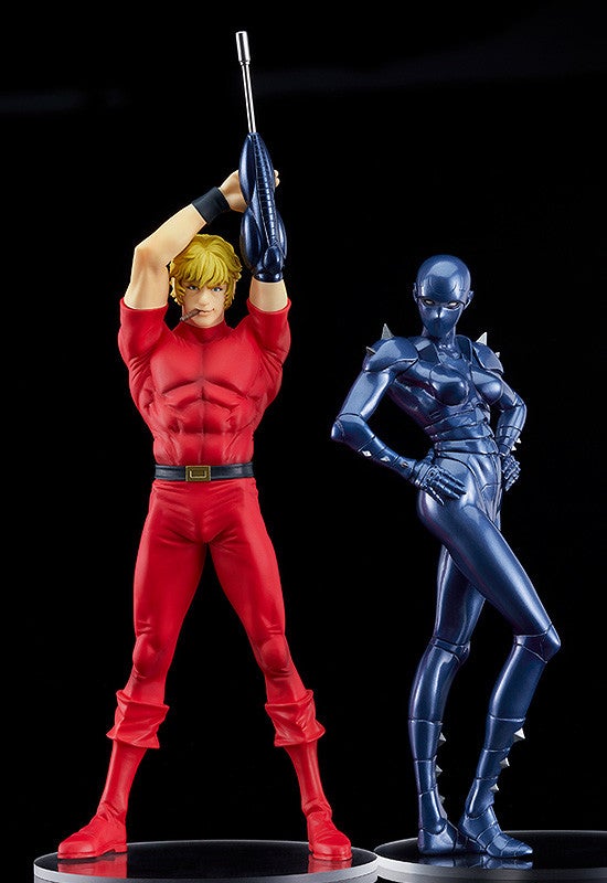 Statues of Cobra in red bodysuit with rifle and Crystal Bowie in blue armor