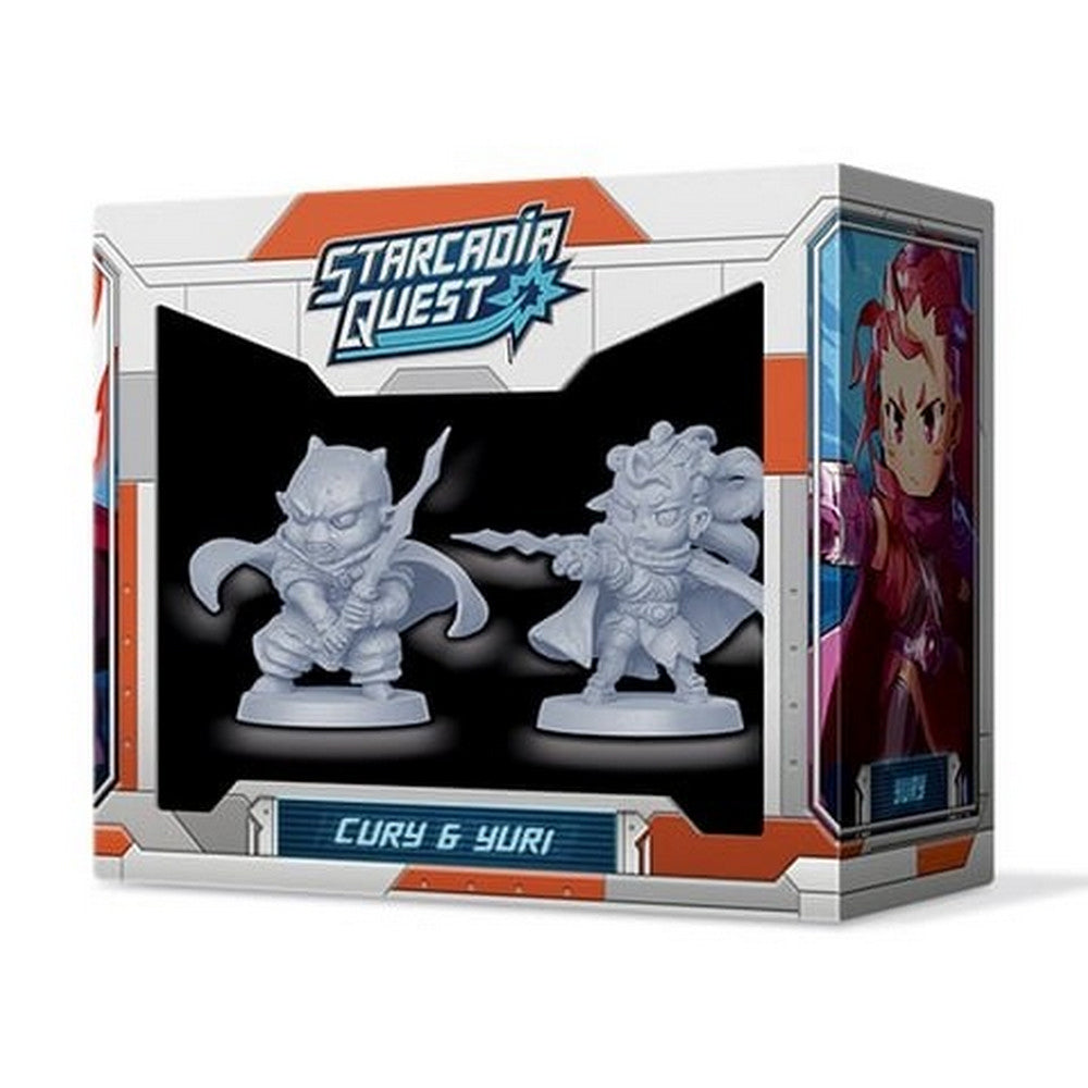 Box shows two unpainted grey fantasy miniatures: one crouching, one pointing a sword