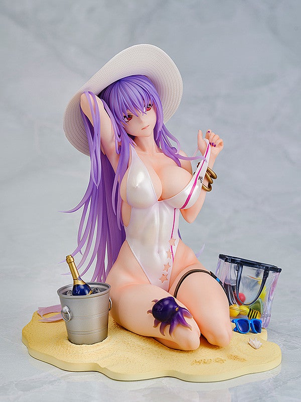 Anime figure of a purple-haired woman in a white swimsuit and sun hat sitting on a sandy base