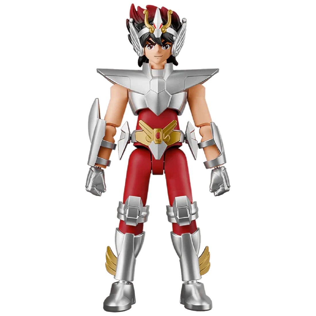 Saint Seiya Pegasus Seiya action figure, clad in silver armor and a red suit, standing upright