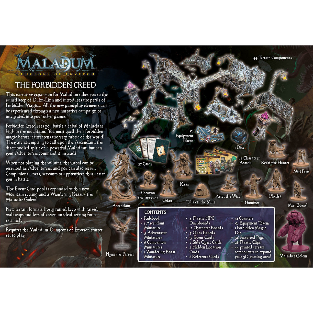 Maladum: The Forbidden Creed board game expansion. Features fantasy miniatures, modular dungeon terrain, cards, dice, and tokens.