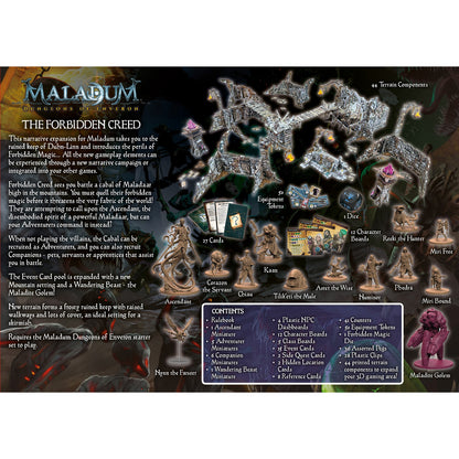 Maladum: The Forbidden Creed board game expansion. Features fantasy miniatures, modular dungeon terrain, cards, dice, and tokens.