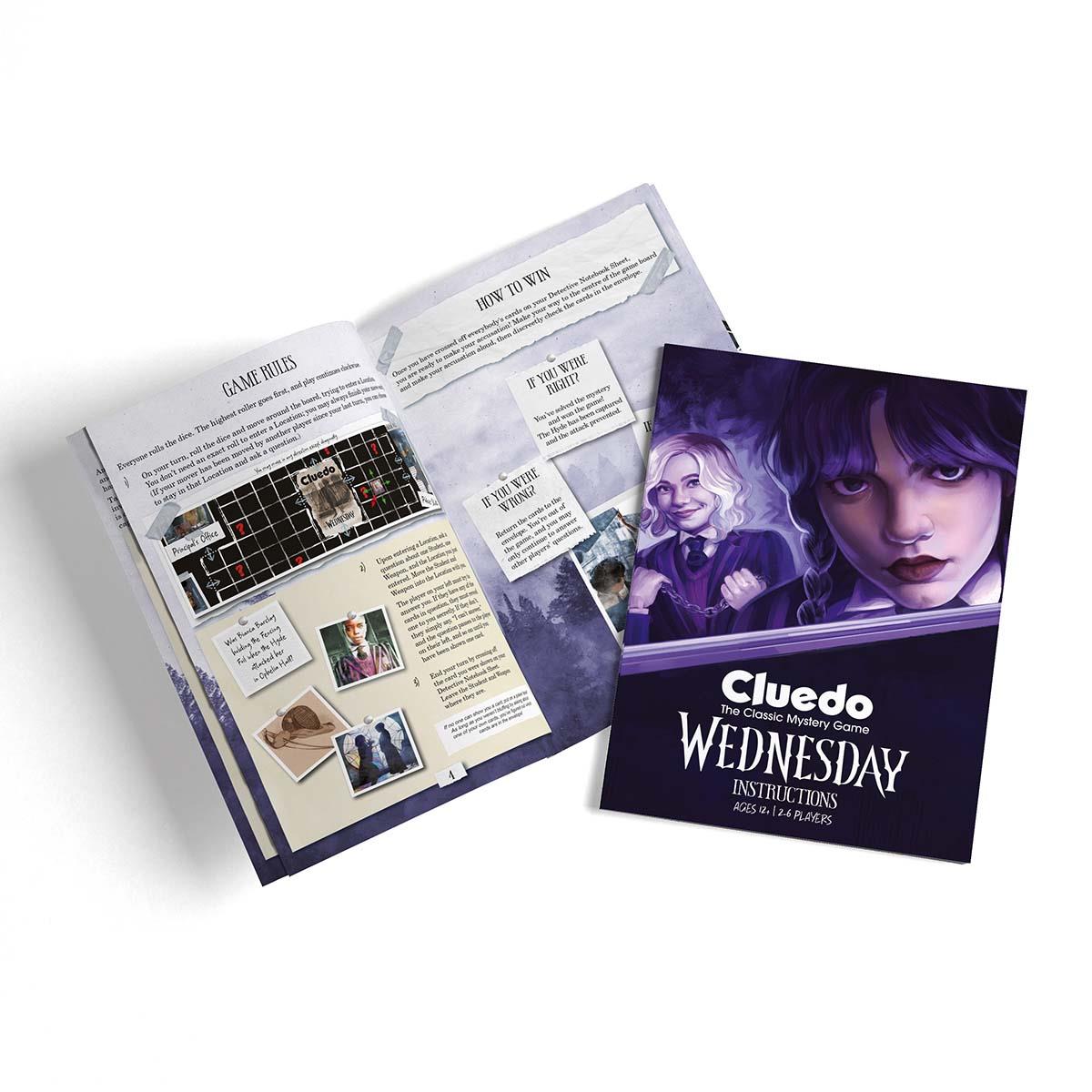 Instructions and open rule sheet for the "Cluedo: Wednesday" mystery board game