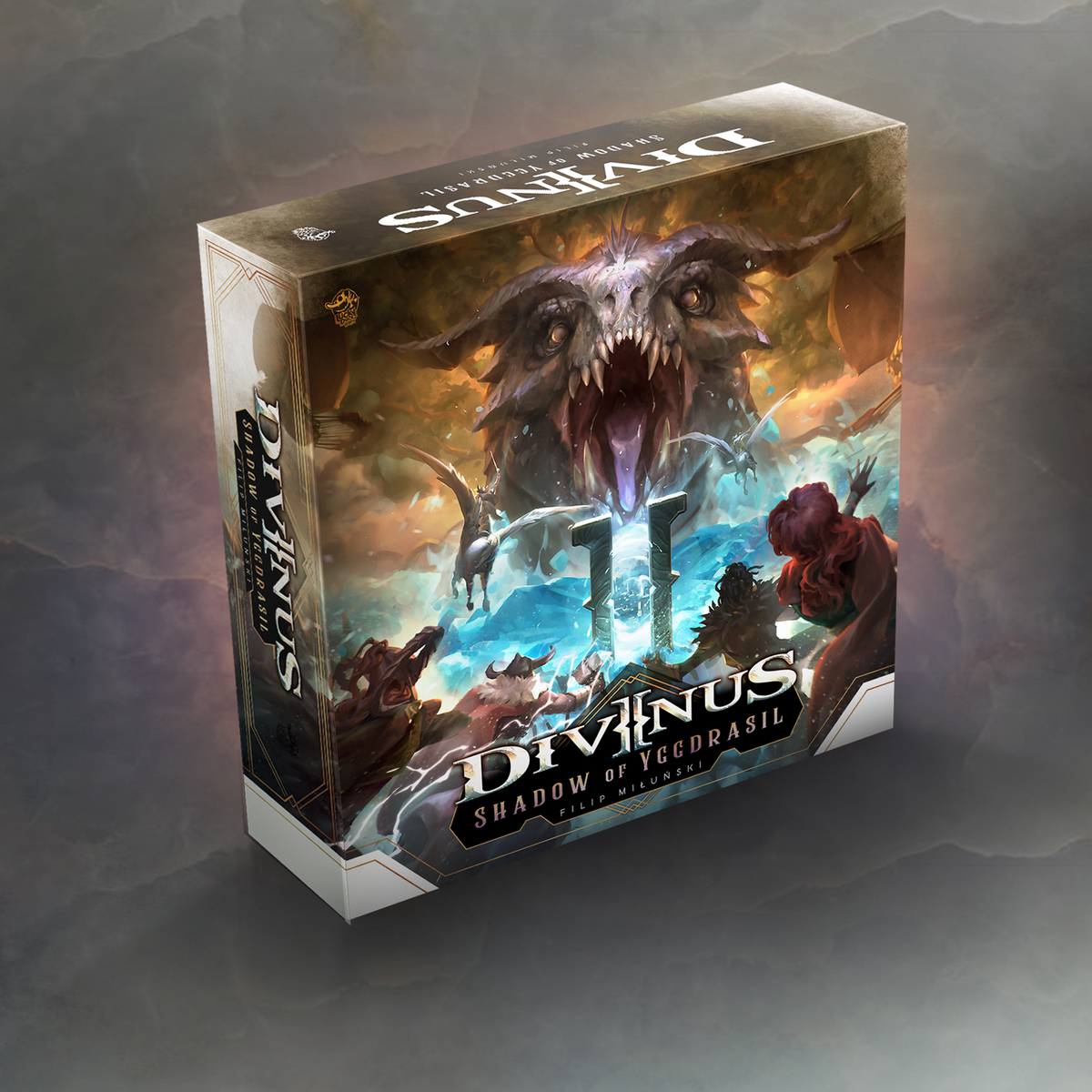 Game components of Divinus: Shadow of Yggdrasil expansion laid out on a table, including map tiles, scenario boxes, and player pieces with vibrant fantasy art