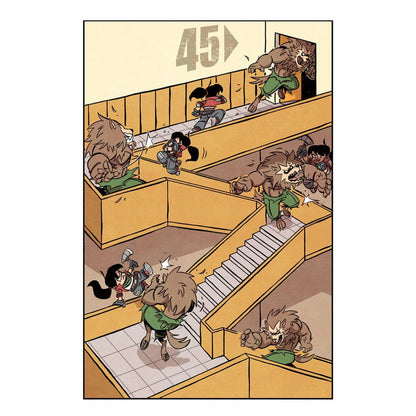 A dark-haired person battles and evades several brown werewolves across multiple levels of a building