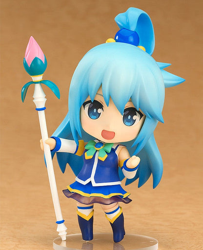 Good Smile Company Konosuba Nendoroid Aqua figure with staff on a clear stand