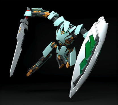 A striking light blue and orange robot in an action pose wielding a long sharp sword and a large shield