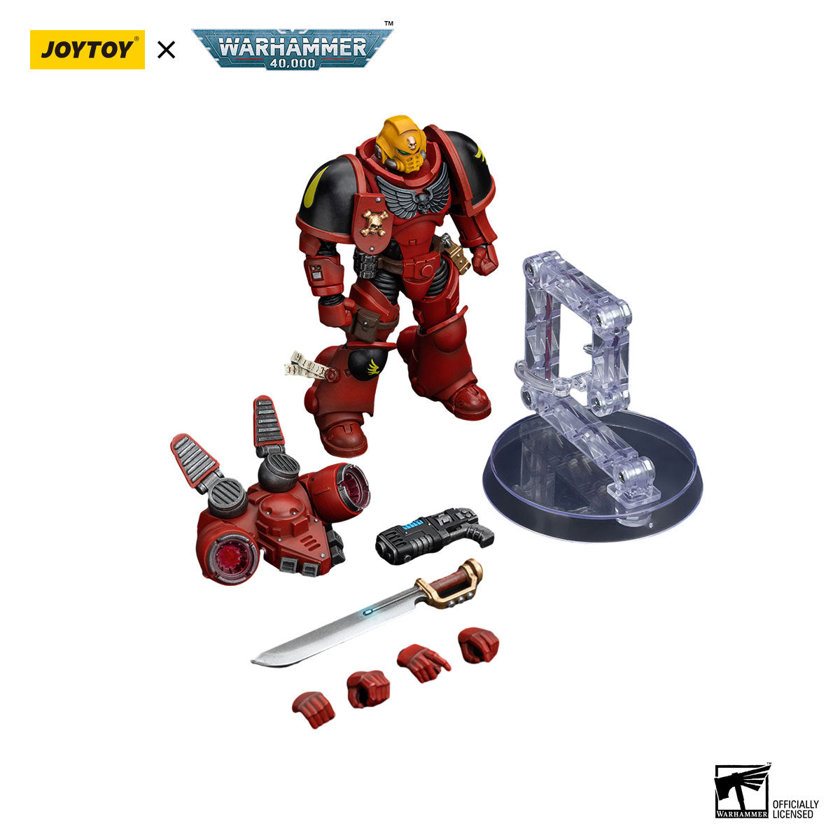 A red and black armored Blood Angels Sergeant figure with a yellow helmet, jump pack, plasma pistol, sword, extra hands, and a clear display stand