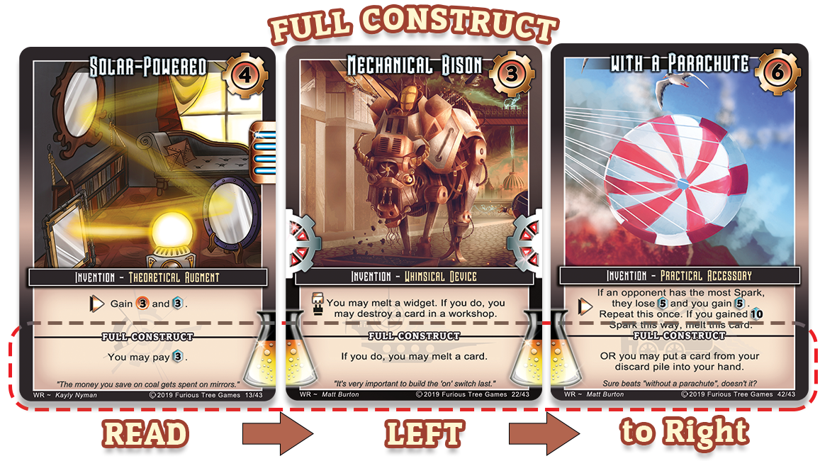 Three steampunk-themed invention game cards: solar-powered mirrors, a mechanical bison and a red-white parachute