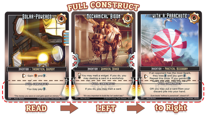 Three steampunk-themed invention game cards: solar-powered mirrors, a mechanical bison and a red-white parachute