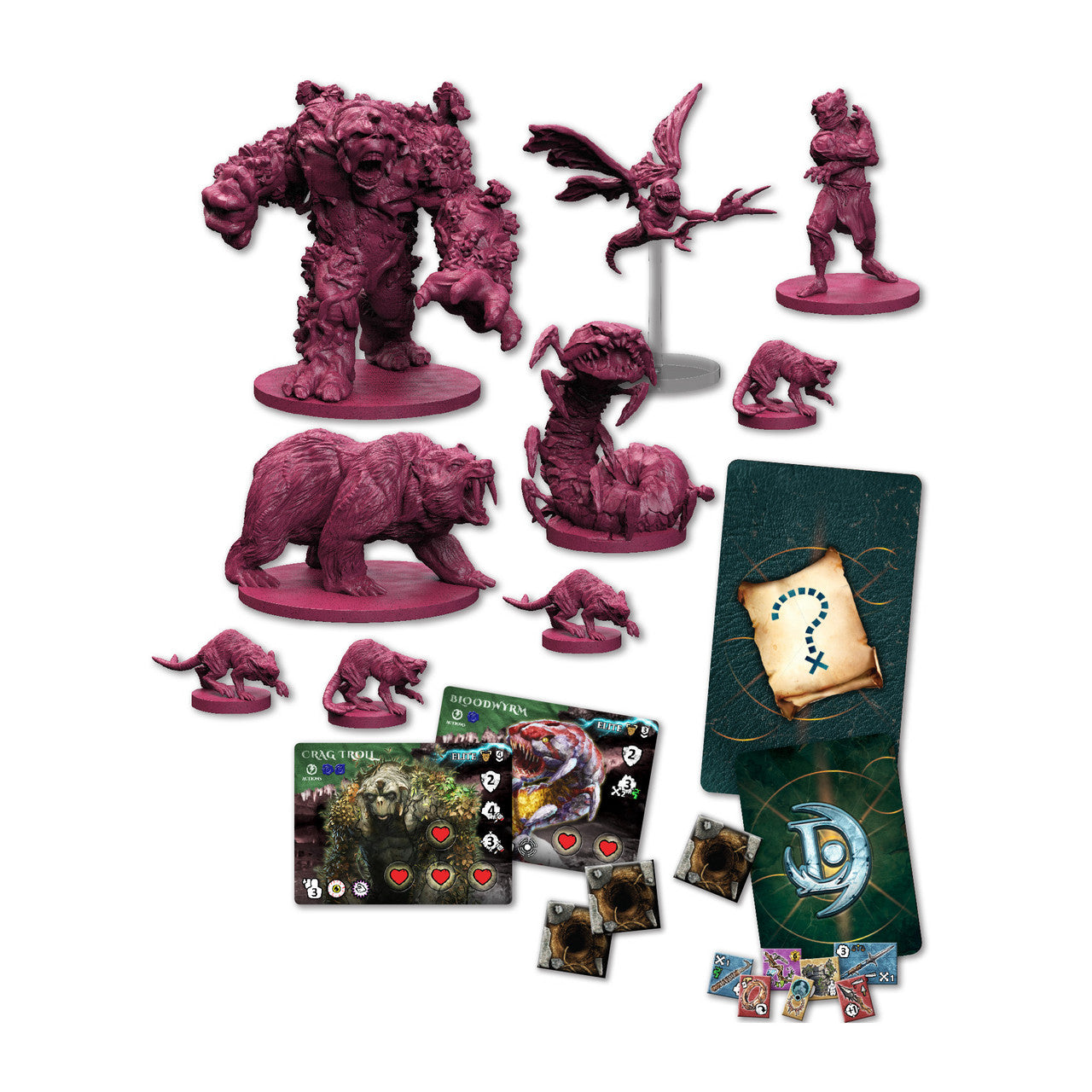 Unpainted dark pink fantasy miniatures: a large troll, bear, winged creature, worm, and rats, with game cards.