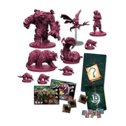 Unpainted dark pink fantasy miniatures: a large troll, bear, winged creature, worm, and rats, with game cards.
