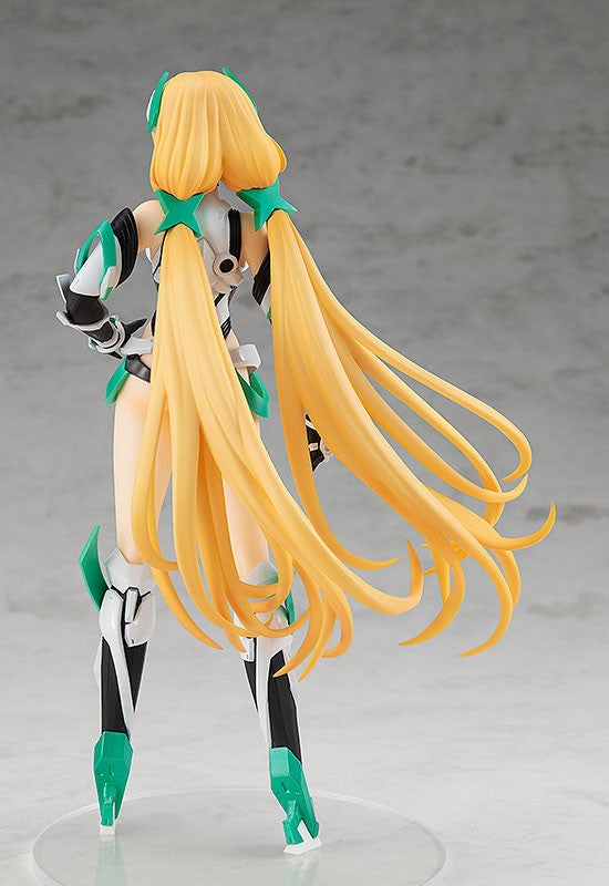 Blonde anime figure in white and black sci-fi style suit from behind showing long flowing twin tails