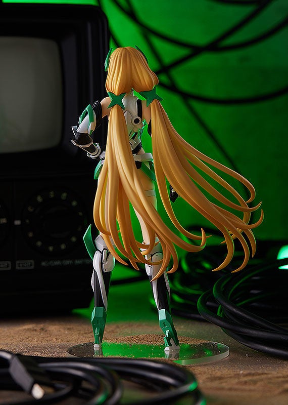 Blonde anime action figure with twin tails wearing a white black and green outfit standing with a retro TV