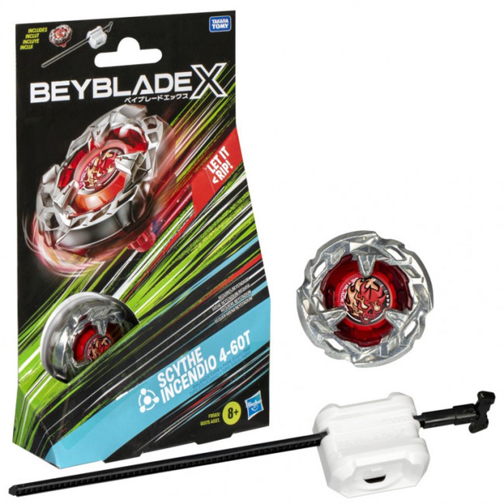 Beyblade X Scythe Incendio 4-60T set: packaged toy showing a spinning top, and unboxed top with launcher