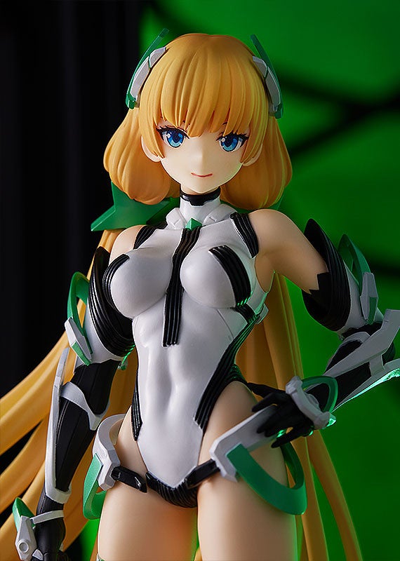 Blonde anime action figure in a white and black bodysuit with green accents