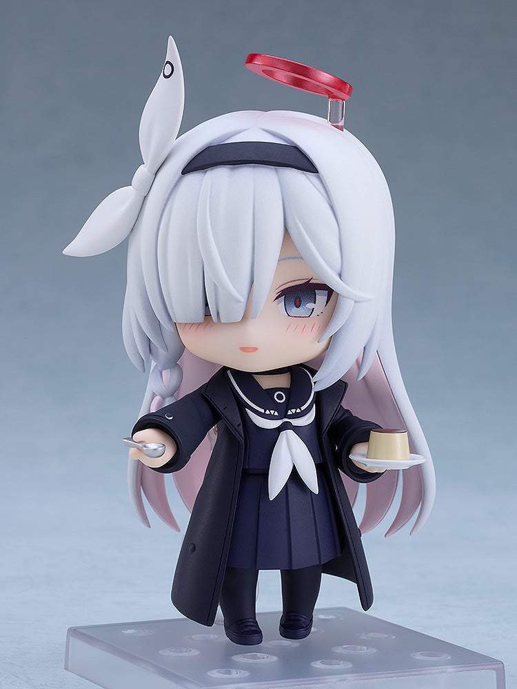 Blue Archive Plana Nendoroid figurine in black coat and blue school uniform holding spoon and pudding