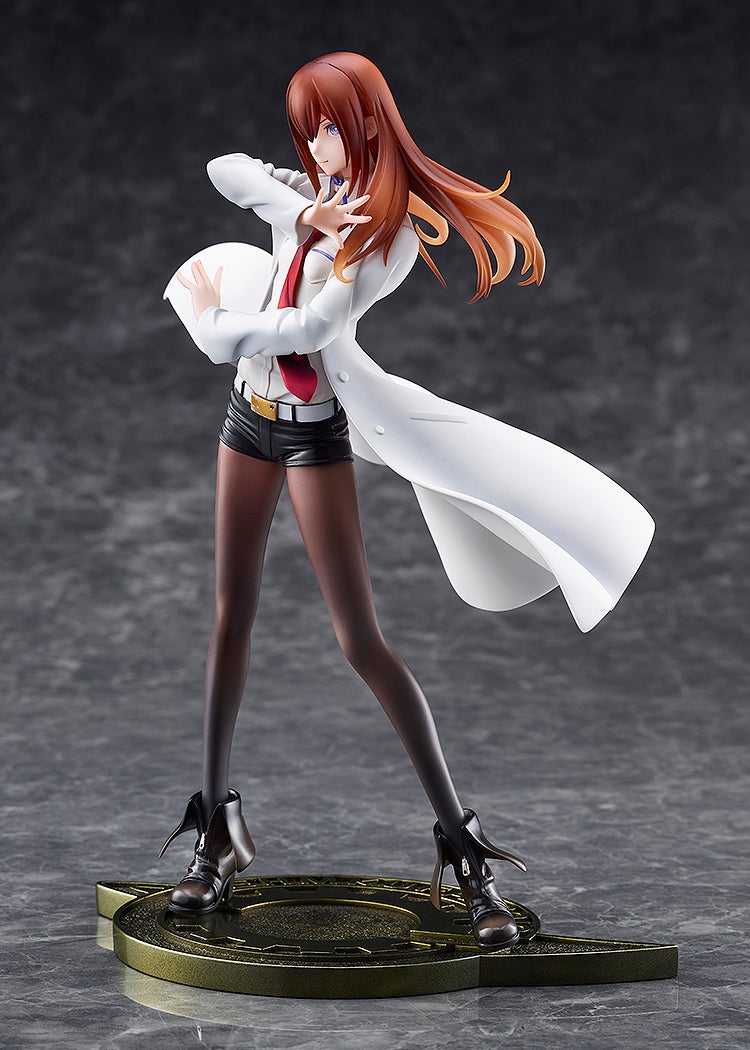 A dynamic anime-style figure of a woman in a white lab coat, red tie, and black shorts, striking a pose with flowing coat and hair