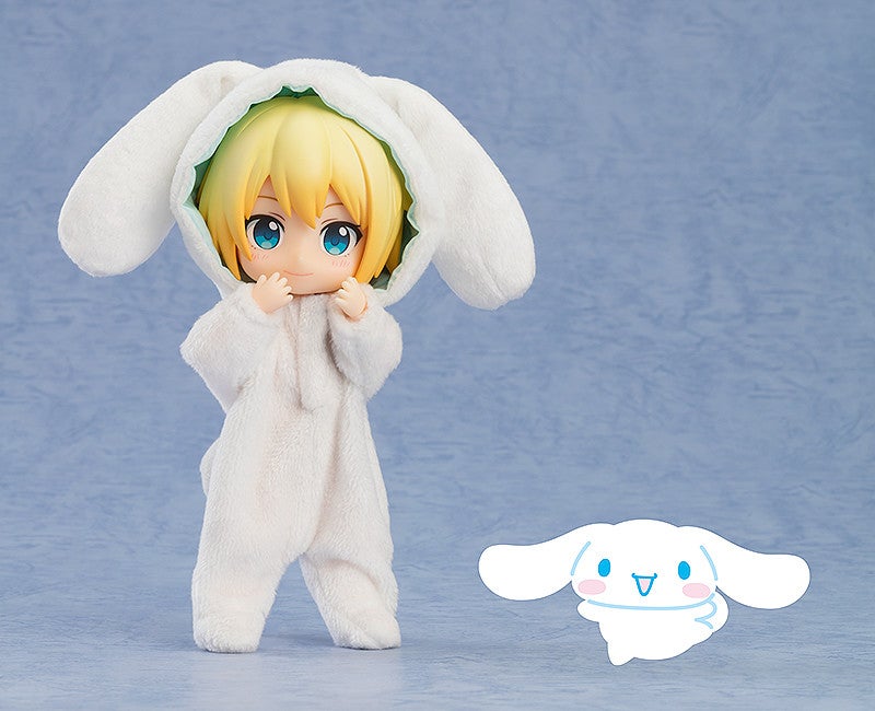 Cinnamoroll Nendoroid Doll wearing a white fluffy kigurumi with long ears and a matching Cinnamoroll figure