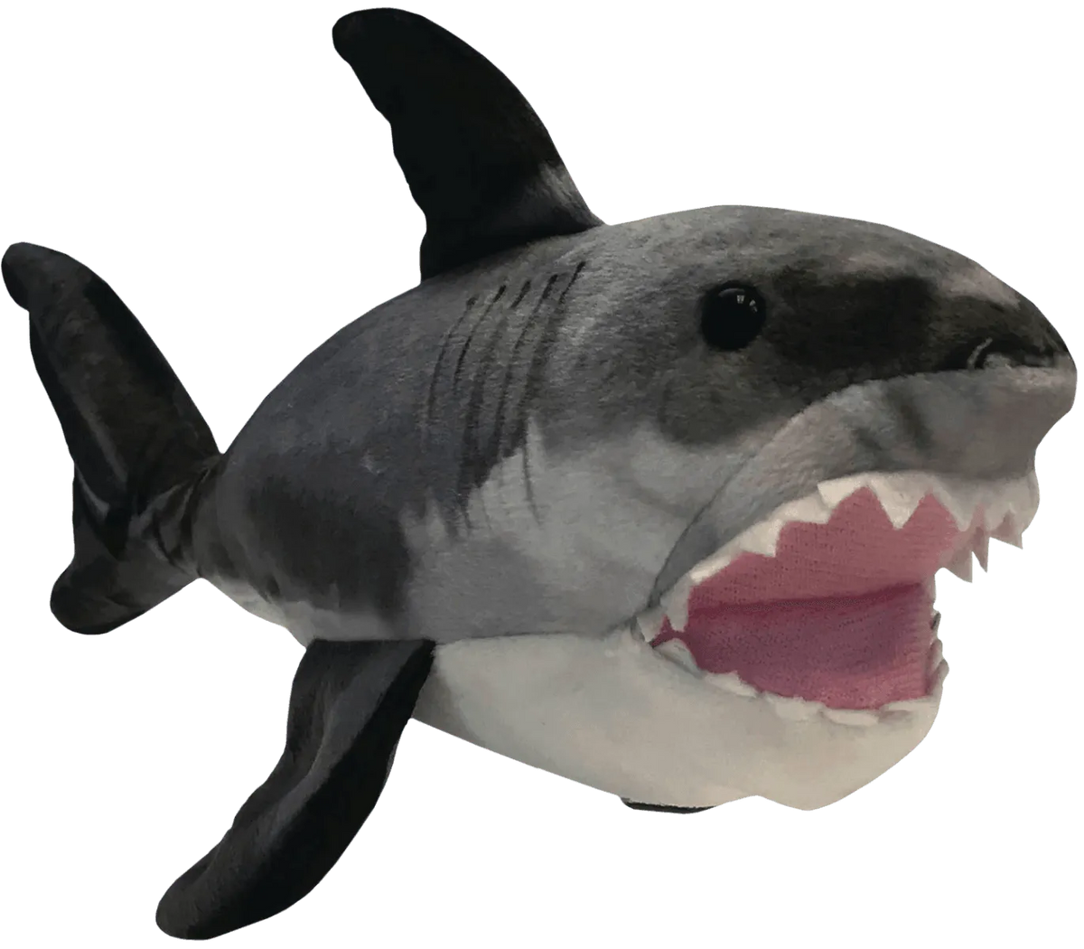 Gray and white plush shark toy with mouth open showing felt teeth
