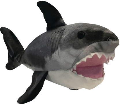 Gray and white plush shark toy with mouth open showing felt teeth