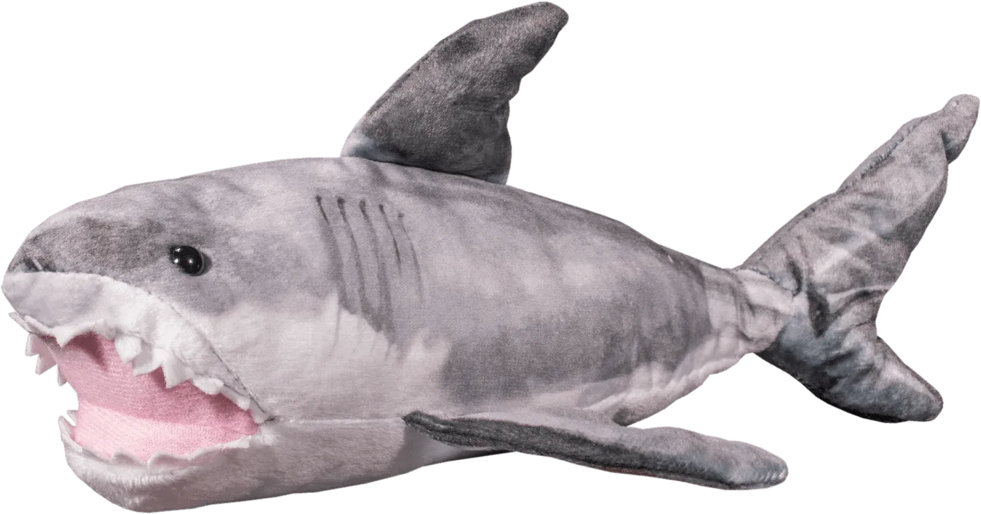 Side view of gray and white plush shark toy with mouth open showing felt teeth