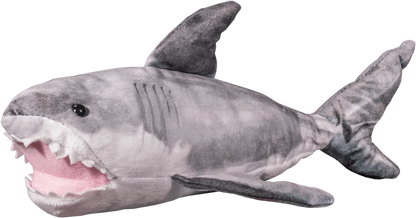 Side view of gray and white plush shark toy with mouth open showing felt teeth