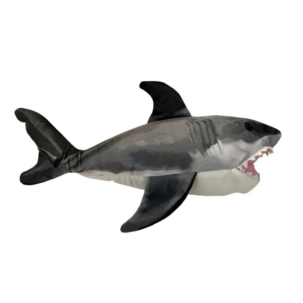 Side view of gray and white plush shark toy with mouth open showing felt teeth