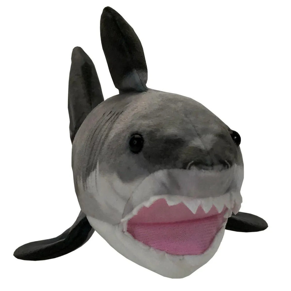 Gray plush great white shark toy with open mouth and pink lining, isolated on white