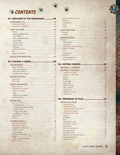 Table of Contents for the Fallout: Factions Rulebook (Page 01), listing sections like Wargaming 101 and Advanced Rules