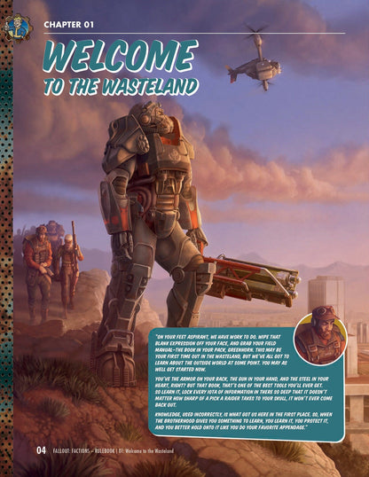Fallout illustration of a Power Armor figure holding a rifle, leading a squad through the wasteland with a vertibird flying above
