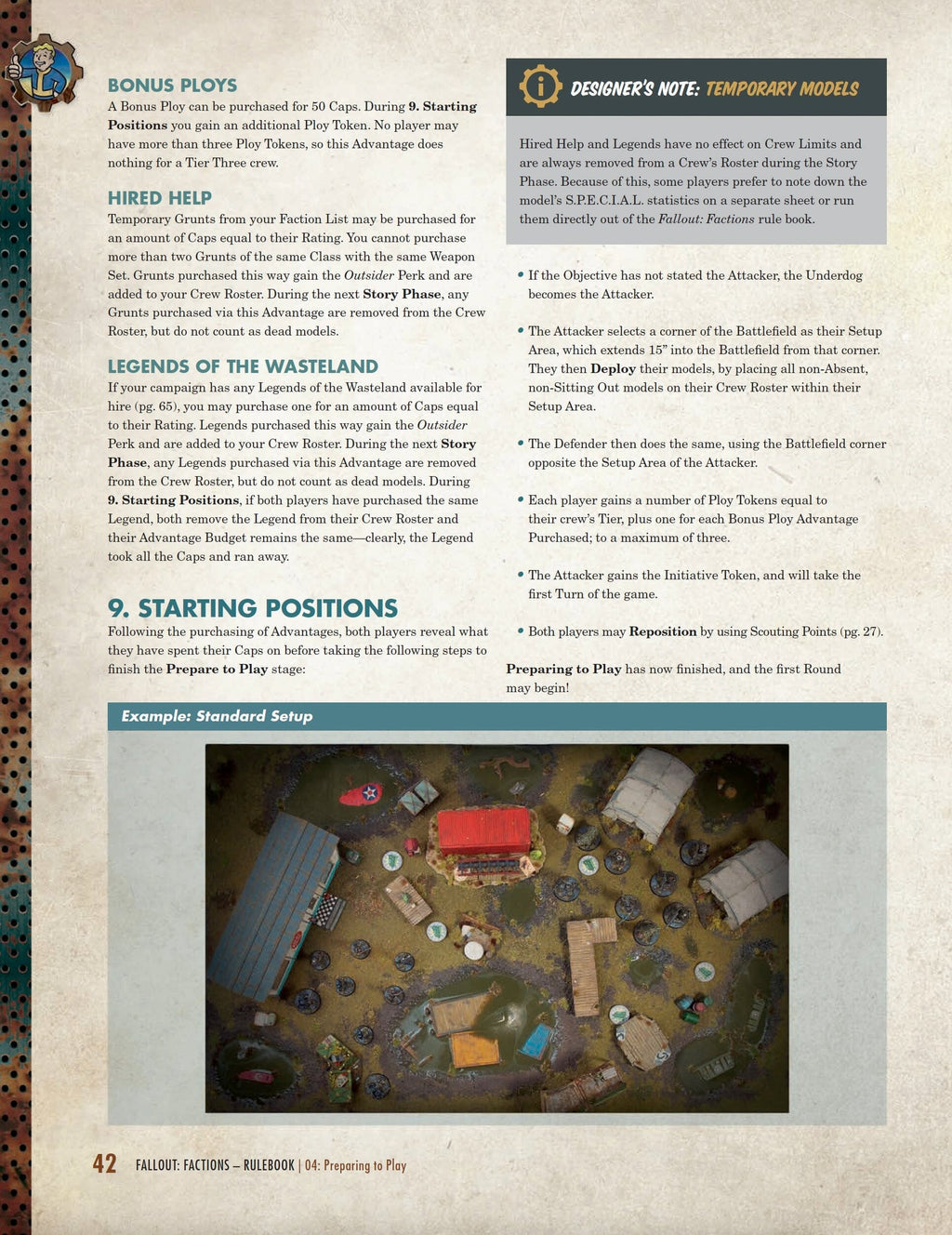 Standard setup example: Top-down view of a swampy wargame battlefield with miniature terrain, shacks, and model bases