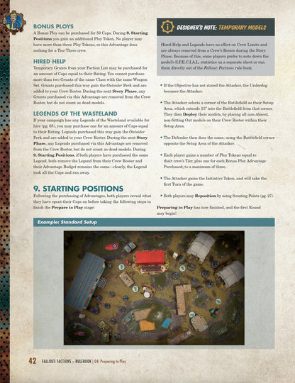 Standard setup example: Top-down view of a swampy wargame battlefield with miniature terrain, shacks, and model bases