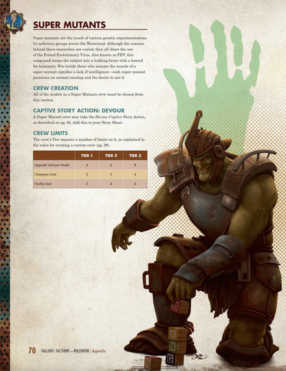 Armored Super Mutant kneeling and playing with wooden blocks spelling "BANG" next to the Super Mutants faction rules