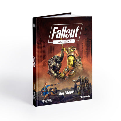 Fallout Factions Core Rulebook cover artwork: Power Armor soldier battling a Super Mutant in a ruined city