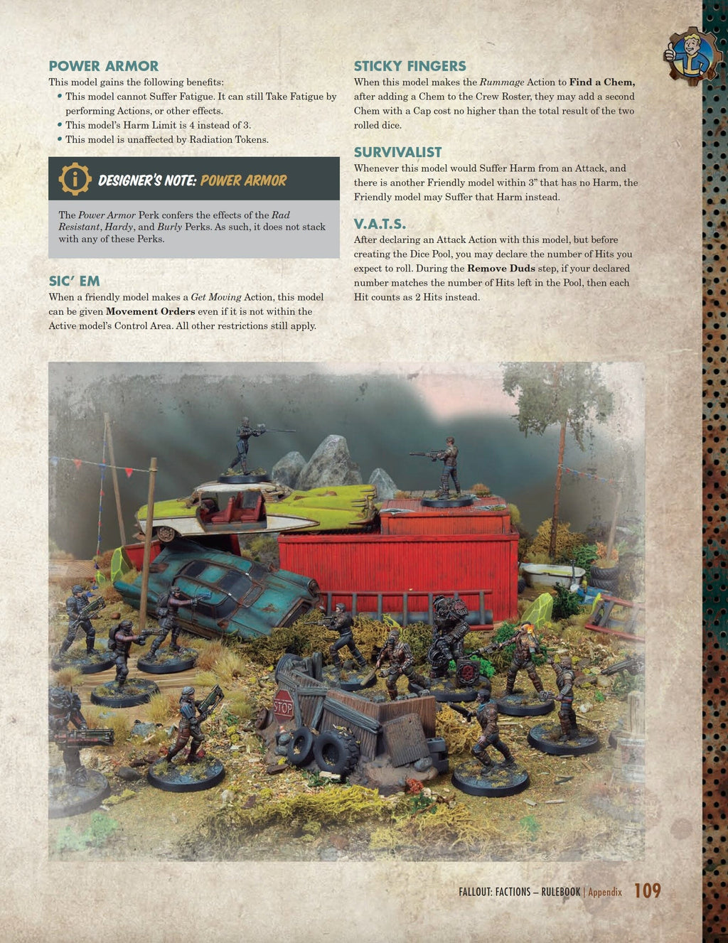 Miniatures of armed wasteland fighters in a post-apocalyptic diorama with wrecked vehicles and a red container