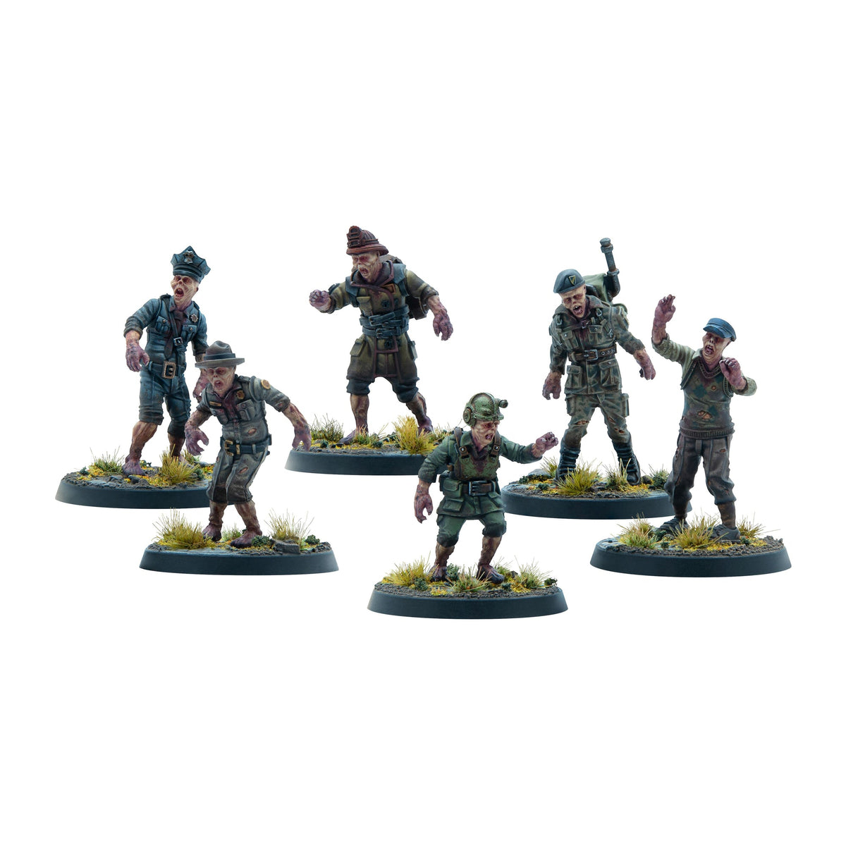 Six zombie miniatures in tattered military and police uniforms, lurching and clawing, on individual bases