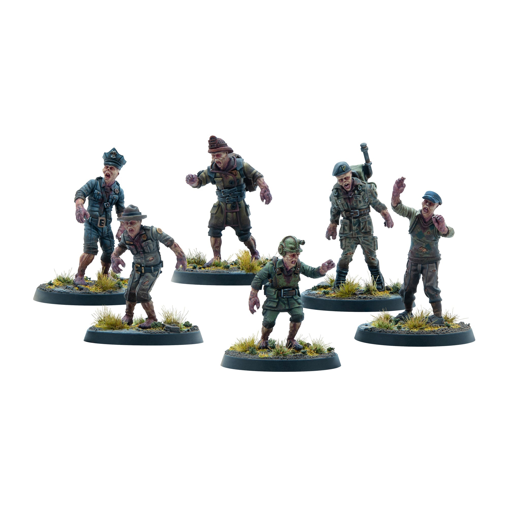 Six zombie miniatures in tattered military and police uniforms, lurching and clawing, on individual bases