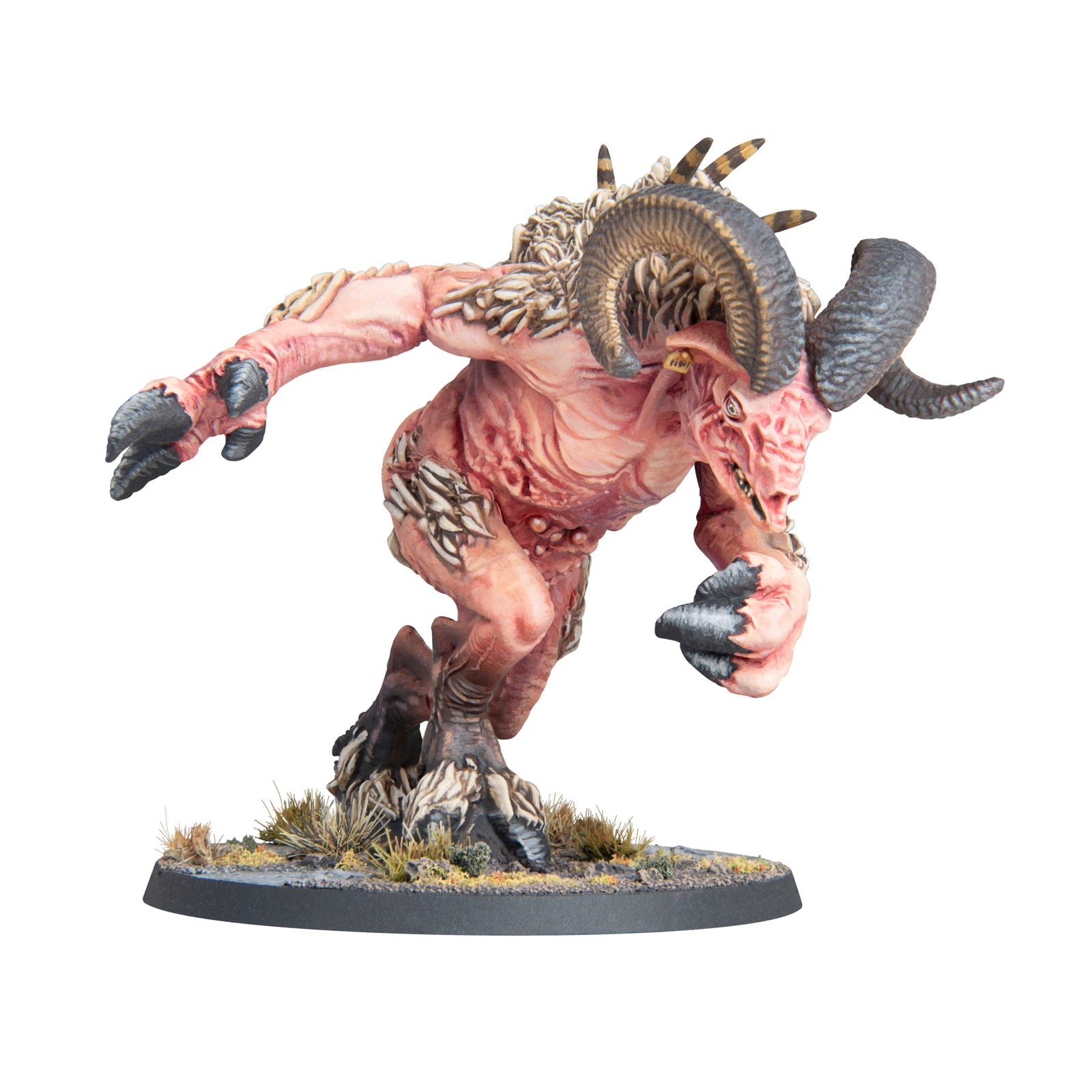 Miniature of a monstrous, pale pink, horned demon lunging forward with claws extended