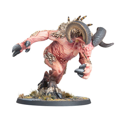 Miniature of a monstrous, pale pink, horned demon lunging forward with claws extended