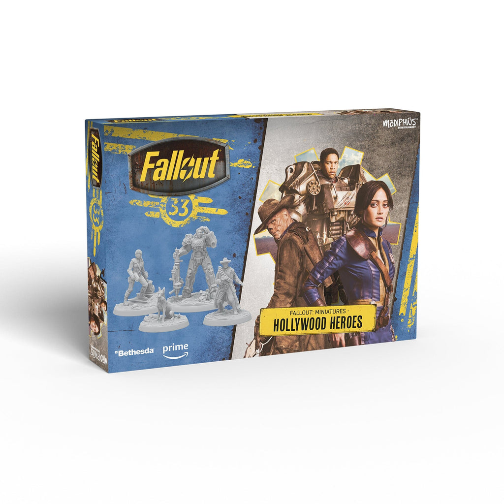 Fallout Miniatures: Hollywood Heroes game box with characters Lucy, Ghoul, Maximus, and unpainted figures
