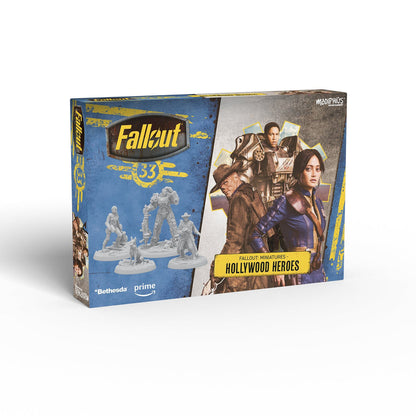 Fallout Miniatures: Hollywood Heroes game box with characters Lucy, Ghoul, Maximus, and unpainted figures
