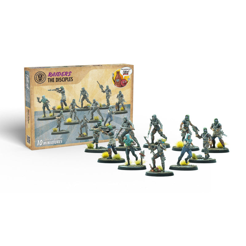 Fallout: Raiders The Disciples box set with ten painted, armed miniature figures posed dynamically
