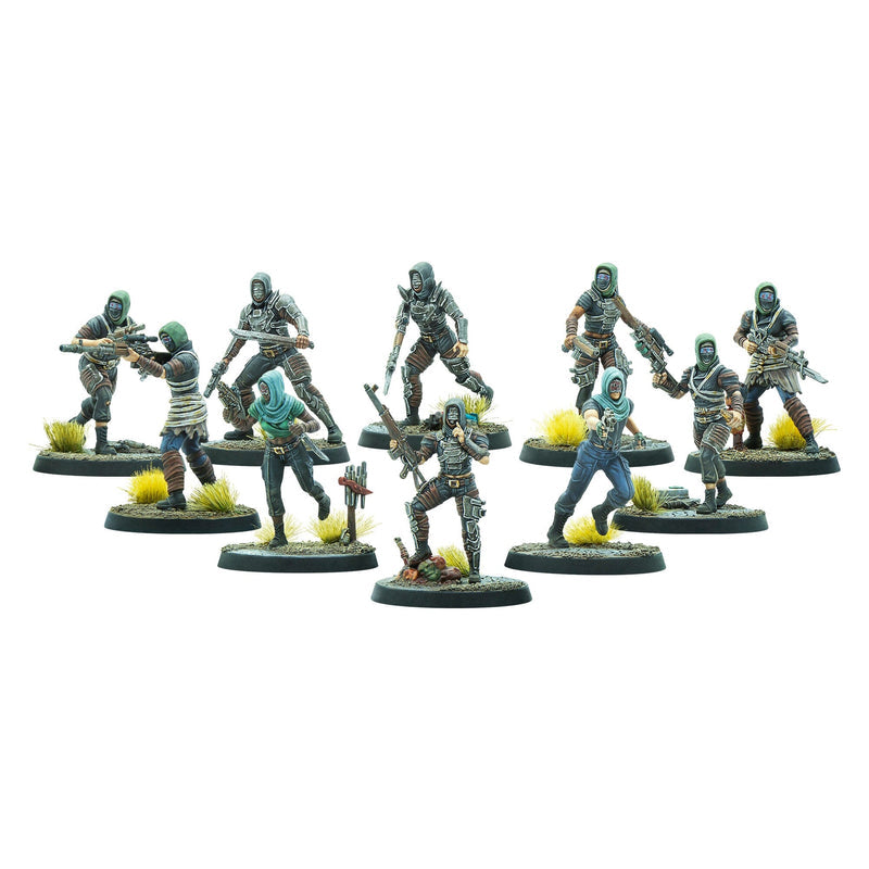 Nine detailed wargame miniatures of armed, hooded figures in a post-apocalyptic style