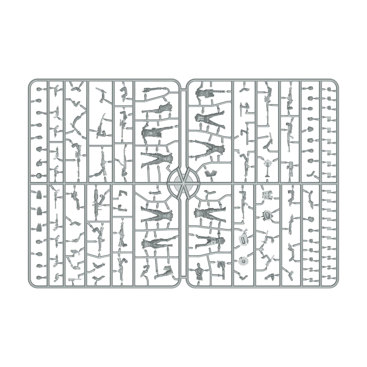 Grey plastic model sprue filled with unassembled miniature human figures, weapons, and accessories