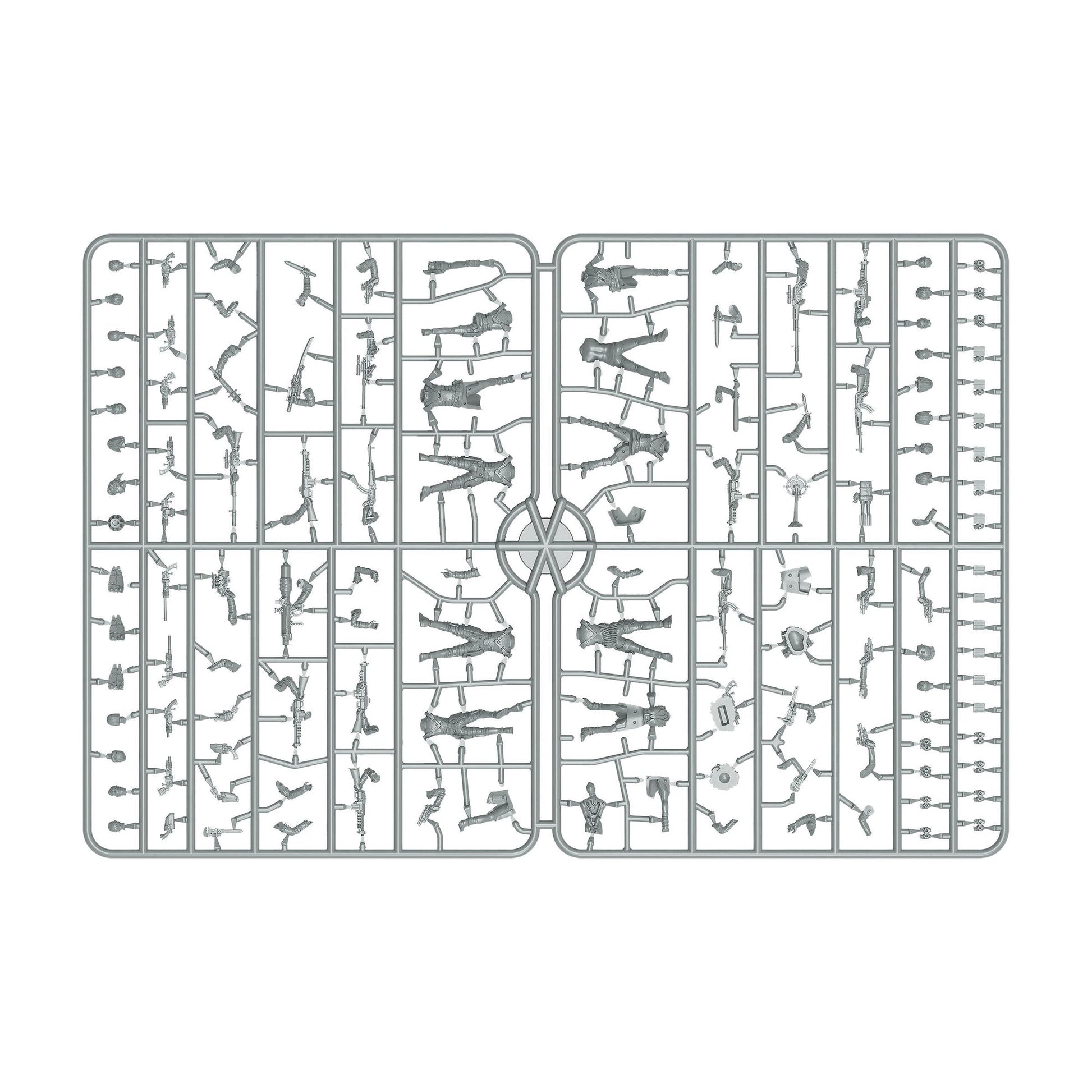 Grey plastic model sprue filled with unassembled miniature human figures, weapons, and accessories