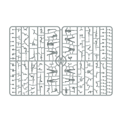 Grey plastic model sprue filled with unassembled miniature human figures, weapons, and accessories